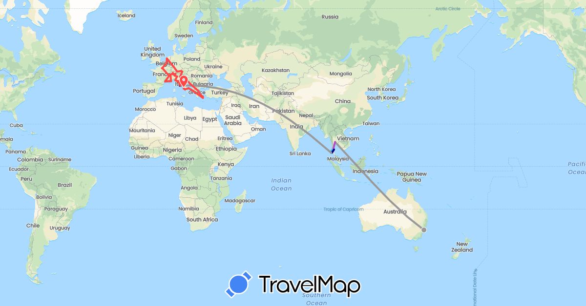 TravelMap itinerary: driving, plane, train, hiking, boat in Austria, Australia, Belgium, Switzerland, Germany, France, Greece, Croatia, Italy, Netherlands, Thailand, Vatican City (Asia, Europe, Oceania)