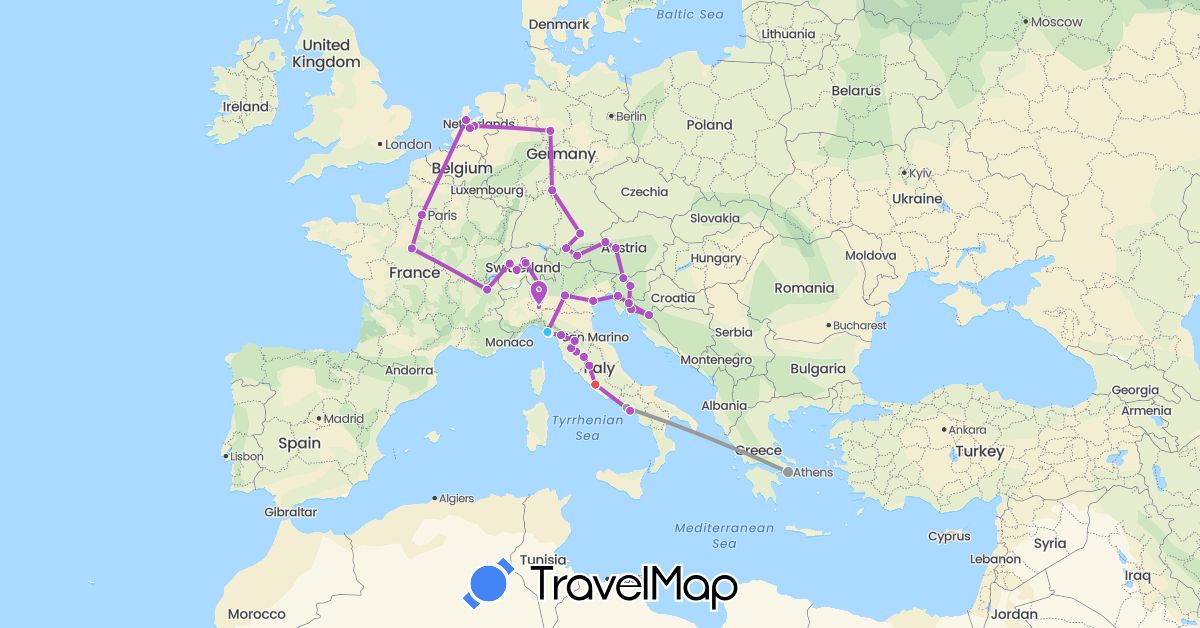 TravelMap itinerary: driving, plane, train, hiking, boat in Austria, Belgium, Switzerland, Germany, France, Greece, Croatia, Italy, Netherlands, Slovenia, Vatican City (Europe)